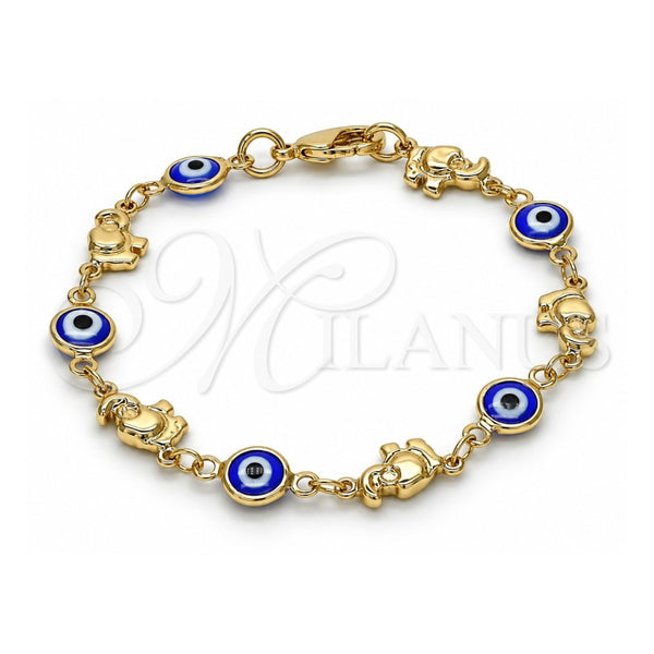 Oro Laminado Fancy Bracelet, Gold Filled Style Evil Eye and Elephant Design, Blue Resin Finish, Golden Finish, 03.326.0010.2.06 (07 MM Thickness, 6 Inches Length)