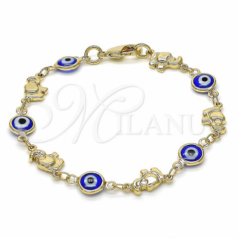 Oro Laminado Fancy Bracelet, Gold Filled Style Evil Eye and Elephant Design, Blue Resin Finish, Golden Finish, 03.326.0010.2.06 (07 MM Thickness, 6 Inches Length)