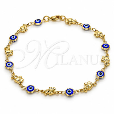 Oro Laminado Fancy Anklet, Gold Filled Style Evil Eye and Elephant Design, Blue Resin Finish, Golden Finish, 03.326.0010.2.10 (07 MM Thickness, 10 Inches Length)