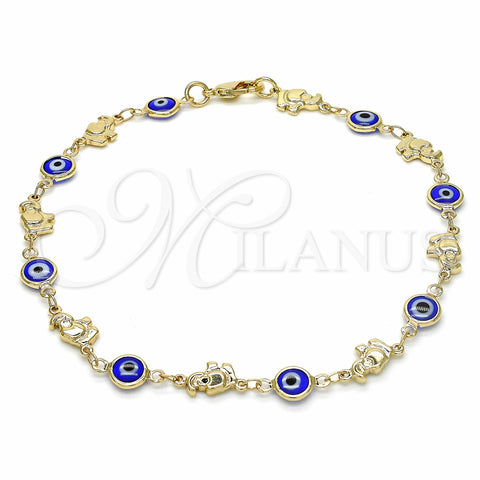 Oro Laminado Fancy Anklet, Gold Filled Style Evil Eye and Elephant Design, Blue Resin Finish, Golden Finish, 03.326.0010.2.10 (07 MM Thickness, 10 Inches Length)