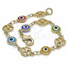 Oro Laminado Fancy Bracelet, Gold Filled Style Evil Eye and Four-leaf Clover Design, Multicolor Resin Finish, Golden Finish, 03.326.0011.06 (08 MM Thickness, 6 Inches Length)