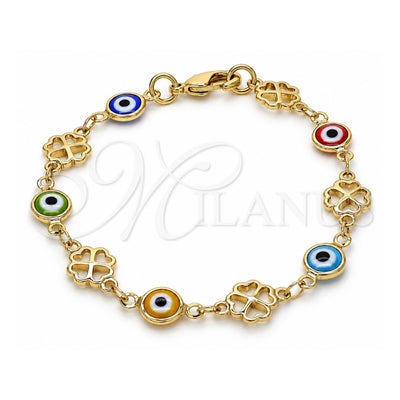 Oro Laminado Fancy Bracelet, Gold Filled Style Evil Eye and Four-leaf Clover Design, Multicolor Resin Finish, Golden Finish, 03.326.0011.06 (08 MM Thickness, 6 Inches Length)