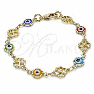 Gold Filled Bracelet — Fancy Bracelet Evil Eye and Four-leaf Clover Design — main product view — SKU 129164 | Oro Laminado brazalete — elegante Bracelet Evil Eye and Four-leaf Clover diseño — SKU 129164