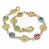 Oro Laminado Fancy Bracelet, Gold Filled Style Evil Eye and Four-leaf Clover Design, Multicolor Resin Finish, Golden Finish, 03.326.0011.08 (08 MM Thickness, 8 Inches Length)