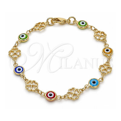 Oro Laminado Fancy Bracelet, Gold Filled Style Evil Eye and Four-leaf Clover Design, Multicolor Resin Finish, Golden Finish, 03.326.0011.08 (08 MM Thickness, 8 Inches Length)