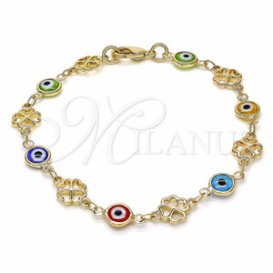 Gold Filled Bracelet — Fancy Bracelet Evil Eye and Four-leaf Clover Design — main product view — SKU 129165 | Oro Laminado brazalete — elegante Bracelet Evil Eye and Four-leaf Clover diseño — SKU 129165