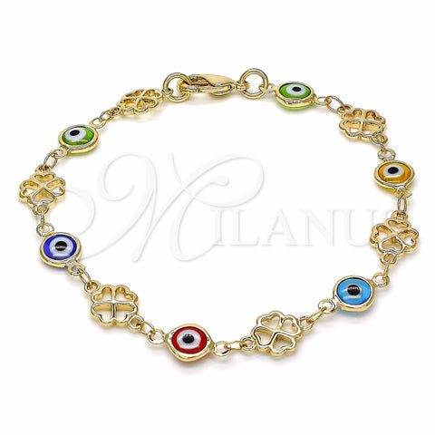 Oro Laminado Fancy Bracelet, Gold Filled Style Evil Eye and Four-leaf Clover Design, Multicolor Resin Finish, Golden Finish, 03.326.0011.08 (08 MM Thickness, 8 Inches Length)