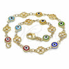 Oro Laminado Fancy Anklet, Gold Filled Style Evil Eye and Four-leaf Clover Design, Multicolor Resin Finish, Golden Finish, 03.326.0011.10 (08 MM Thickness, 10 Inches Length)