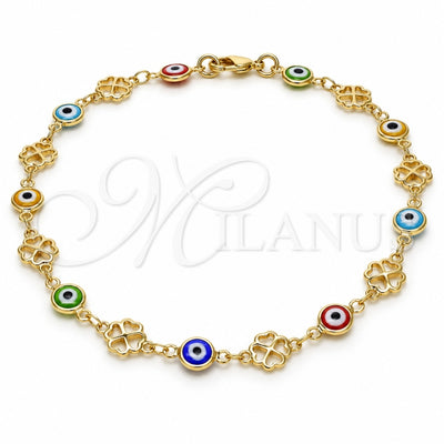 Oro Laminado Fancy Anklet, Gold Filled Style Evil Eye and Four-leaf Clover Design, Multicolor Resin Finish, Golden Finish, 03.326.0011.10 (08 MM Thickness, 10 Inches Length)