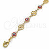 Oro Laminado Fancy Bracelet, Gold Filled Style Evil Eye and Four-leaf Clover Design, Red Resin Finish, Golden Finish, 03.326.0011.1.06 (08 MM Thickness, 6 Inches Length)