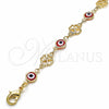 Oro Laminado Fancy Bracelet, Gold Filled Style Evil Eye and Four-leaf Clover Design, Red Resin Finish, Golden Finish, 03.326.0011.1.06 (08 MM Thickness, 6 Inches Length)