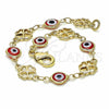 Oro Laminado Fancy Bracelet, Gold Filled Style Evil Eye and Four-leaf Clover Design, Red Resin Finish, Golden Finish, 03.326.0011.1.06 (08 MM Thickness, 6 Inches Length)