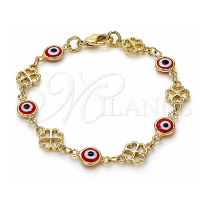 Oro Laminado Fancy Bracelet, Gold Filled Style Evil Eye and Four-leaf Clover Design, Red Resin Finish, Golden Finish, 03.326.0011.1.06 (08 MM Thickness, 6 Inches Length)