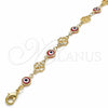 Oro Laminado Fancy Bracelet, Gold Filled Style Evil Eye and Four-leaf Clover Design, Red Resin Finish, Golden Finish, 03.326.0011.1.08 (08 MM Thickness, 8 Inches Length)