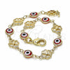 Oro Laminado Fancy Bracelet, Gold Filled Style Evil Eye and Four-leaf Clover Design, Red Resin Finish, Golden Finish, 03.326.0011.1.08 (08 MM Thickness, 8 Inches Length)