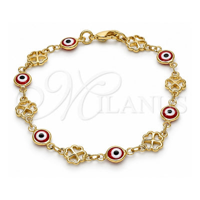 Oro Laminado Fancy Bracelet, Gold Filled Style Evil Eye and Four-leaf Clover Design, Red Resin Finish, Golden Finish, 03.326.0011.1.08 (08 MM Thickness, 8 Inches Length)