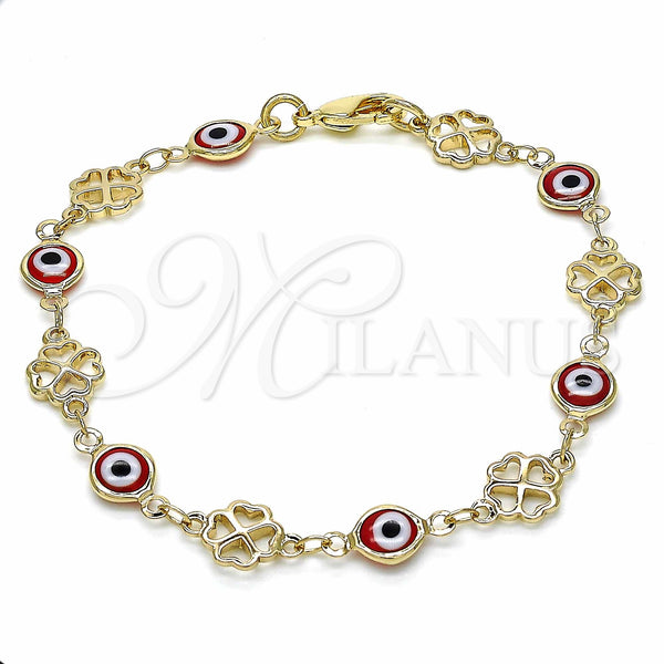Oro Laminado Fancy Bracelet, Gold Filled Style Evil Eye and Four-leaf Clover Design, Red Resin Finish, Golden Finish, 03.326.0011.1.08 (08 MM Thickness, 8 Inches Length)