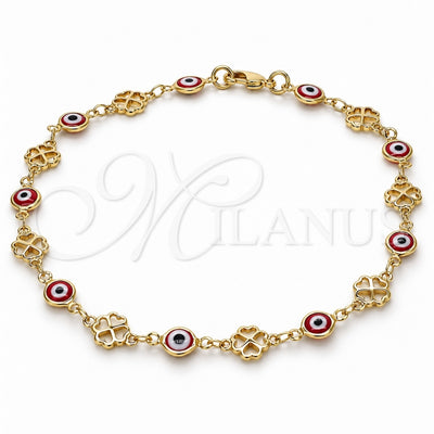 Oro Laminado Fancy Anklet, Gold Filled Style Evil Eye and Four-leaf Clover Design, Red Resin Finish, Golden Finish, 03.326.0011.1.10 (08 MM Thickness, 10 Inches Length)