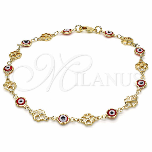 Oro Laminado Fancy Anklet, Gold Filled Style Evil Eye and Four-leaf Clover Design, Red Resin Finish, Golden Finish, 03.326.0011.1.10 (08 MM Thickness, 10 Inches Length)
