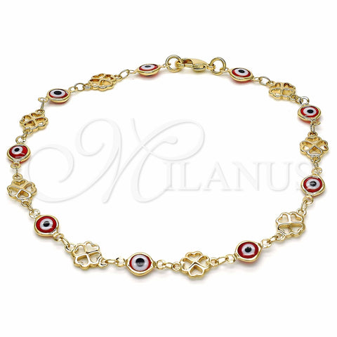Oro Laminado Fancy Anklet, Gold Filled Style Evil Eye and Four-leaf Clover Design, Red Resin Finish, Golden Finish, 03.326.0011.1.10 (08 MM Thickness, 10 Inches Length)