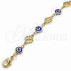 Oro Laminado Fancy Bracelet, Gold Filled Style Evil Eye and Four-leaf Clover Design, Blue Resin Finish, Golden Finish, 03.326.0011.2.06 (08 MM Thickness, 6 Inches Length)