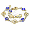 Oro Laminado Fancy Bracelet, Gold Filled Style Evil Eye and Four-leaf Clover Design, Blue Resin Finish, Golden Finish, 03.326.0011.2.06 (08 MM Thickness, 6 Inches Length)