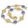 Oro Laminado Fancy Bracelet, Gold Filled Style Evil Eye and Four-leaf Clover Design, Blue Resin Finish, Golden Finish, 03.326.0011.2.08 (08 MM Thickness, 8 Inches Length)