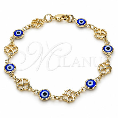 Oro Laminado Fancy Bracelet, Gold Filled Style Evil Eye and Four-leaf Clover Design, Blue Resin Finish, Golden Finish, 03.326.0011.2.08 (08 MM Thickness, 8 Inches Length)