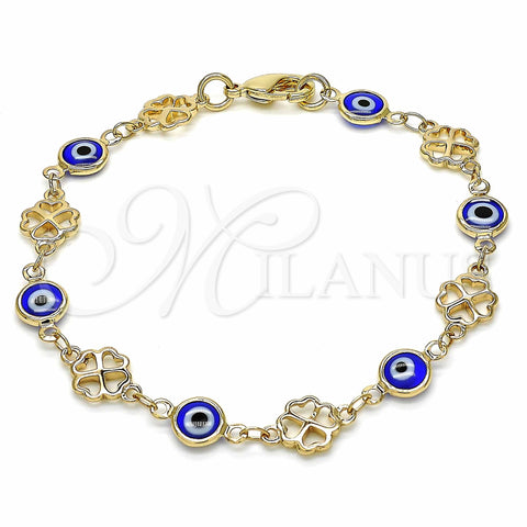 Oro Laminado Fancy Bracelet, Gold Filled Style Evil Eye and Four-leaf Clover Design, Blue Resin Finish, Golden Finish, 03.326.0011.2.08 (08 MM Thickness, 8 Inches Length)