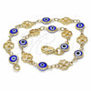 Oro Laminado Fancy Anklet, Gold Filled Style Evil Eye and Four-leaf Clover Design, Blue Resin Finish, Golden Finish, 03.326.0011.2.10 (08 MM Thickness, 10 Inches Length)