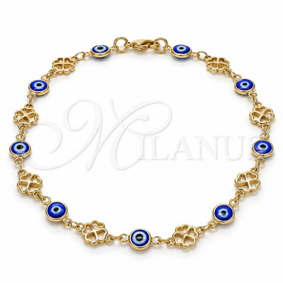 Oro Laminado Fancy Anklet, Gold Filled Style Evil Eye and Four-leaf Clover Design, Blue Resin Finish, Golden Finish, 03.326.0011.2.10 (08 MM Thickness, 10 Inches Length)