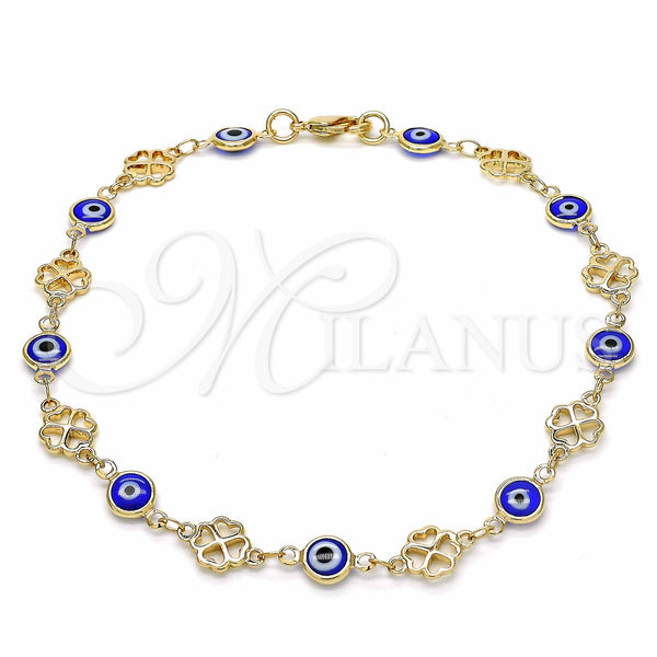 Oro Laminado Fancy Anklet, Gold Filled Style Evil Eye and Four-leaf Clover Design, Blue Resin Finish, Golden Finish, 03.326.0011.2.10 (08 MM Thickness, 10 Inches Length)