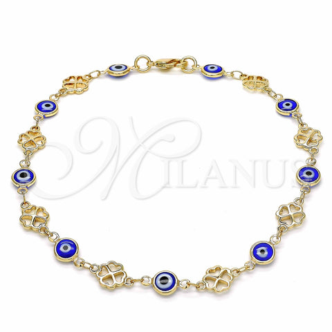 Oro Laminado Fancy Anklet, Gold Filled Style Evil Eye and Four-leaf Clover Design, Blue Resin Finish, Golden Finish, 03.326.0011.2.10 (08 MM Thickness, 10 Inches Length)