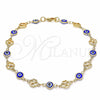 Oro Laminado Fancy Anklet, Gold Filled Style Evil Eye and Four-leaf Clover Design, Blue Resin Finish, Golden Finish, 03.326.0011.2.10 (08 MM Thickness, 10 Inches Length)