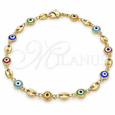Oro Laminado Fancy Anklet, Gold Filled Style Evil Eye Design, Multicolor Resin Finish, Golden Finish, 03.326.0012.10 (07 MM Thickness, 10 Inches Length)