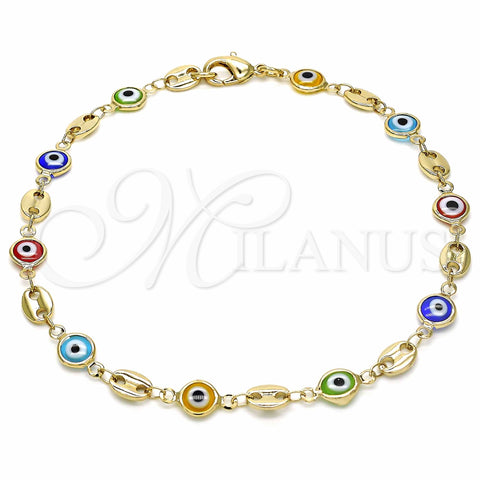Oro Laminado Fancy Anklet, Gold Filled Style Evil Eye Design, Multicolor Resin Finish, Golden Finish, 03.326.0012.10 (07 MM Thickness, 10 Inches Length)