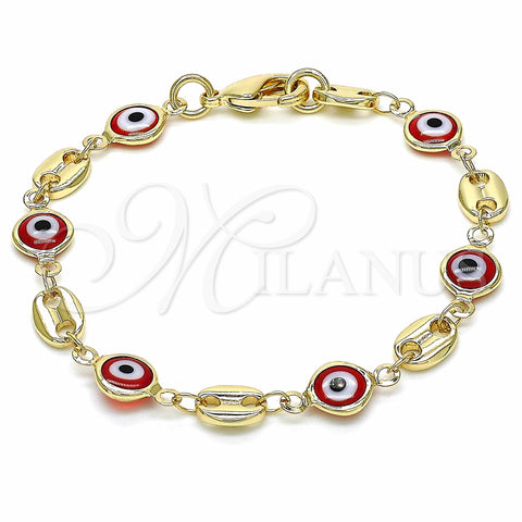 Oro Laminado Fancy Bracelet, Gold Filled Style Evil Eye Design, Red Resin Finish, Golden Finish, 03.326.0012.1.06 (07 MM Thickness, 6 Inches Length)