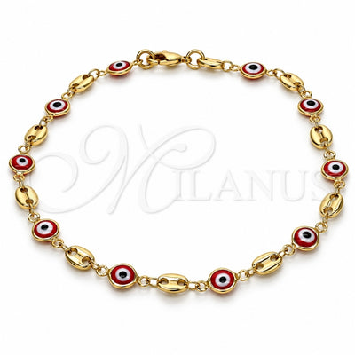 Oro Laminado Fancy Anklet, Gold Filled Style Evil Eye Design, Red Resin Finish, Golden Finish, 03.326.0012.1.10 (07 MM Thickness, 10 Inches Length)