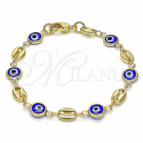 Oro Laminado Fancy Bracelet, Gold Filled Style Evil Eye Design, Blue Resin Finish, Golden Finish, 03.326.0012.2.06 (07 MM Thickness, 6 Inches Length)
