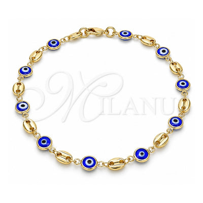 Oro Laminado Fancy Anklet, Gold Filled Style Evil Eye Design, Blue Resin Finish, Golden Finish, 03.326.0012.2.10 (07 MM Thickness, 10 Inches Length)