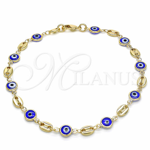 Oro Laminado Fancy Anklet, Gold Filled Style Evil Eye Design, Blue Resin Finish, Golden Finish, 03.326.0012.2.10 (07 MM Thickness, 10 Inches Length)