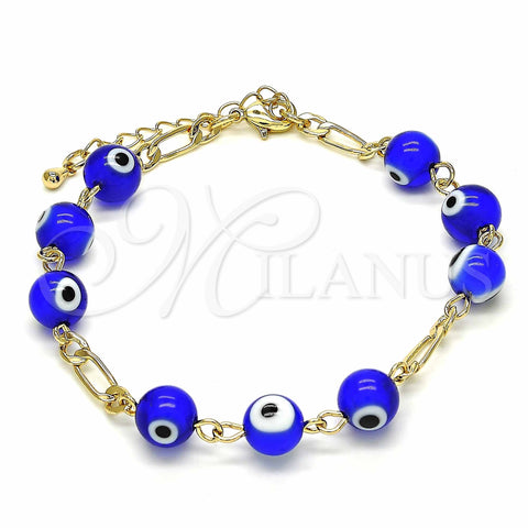Oro Laminado Fancy Bracelet, Gold Filled Style Evil Eye Design, with Dark Tanzanite Opal, Blue Resin Finish, Golden Finish, 03.63.2069.1.08 (04 MM Thickness, 8 Inches Length)