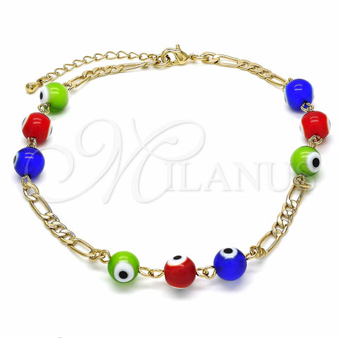 Oro Laminado Fancy Anklet, Gold Filled Style Evil Eye Design, Multicolor Resin Finish, Golden Finish, 03.63.2069.2.10 (04 MM Thickness, 10 Inches Length)
