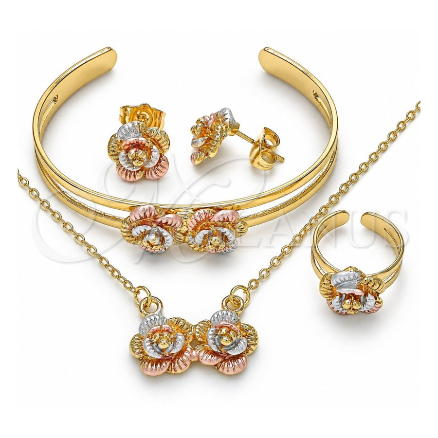 Oro Laminado Earring and Pendant Children Set, Gold Filled Style Flower Design, Polished, Tricolor, 06.361.0018