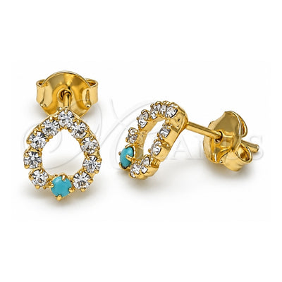 Oro Laminado Stud Earring, Gold Filled Style Diamond and Diamond Design, with White Cubic Zirconia and Aquamarine Opal, Polished, Golden Finish, 02.09.0182
