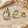 Oro Laminado Stud Earring, Gold Filled Style with White Cubic Zirconia and Aquamarine Opal, Polished, Golden Finish, 02.09.0186