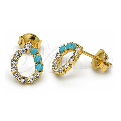 Oro Laminado Stud Earring, Gold Filled Style with White Cubic Zirconia and Aquamarine Opal, Polished, Golden Finish, 02.09.0186