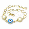 Oro Laminado Fancy Bracelet, Gold Filled Style Evil Eye Design, with White Pearl, Blue Polished, Golden Finish, 03.09.0068.1.07 (7 Inches Length)