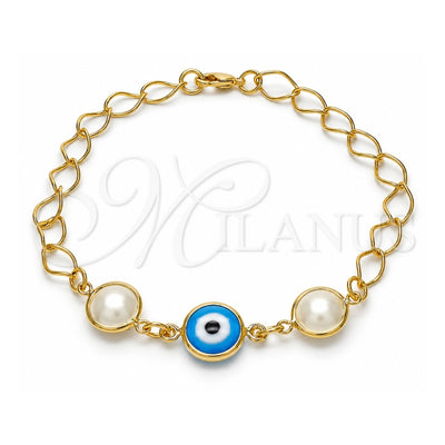 Oro Laminado Fancy Bracelet, Gold Filled Style Evil Eye Design, with White Pearl, Blue Polished, Golden Finish, 03.09.0068.1.07 (7 Inches Length)
