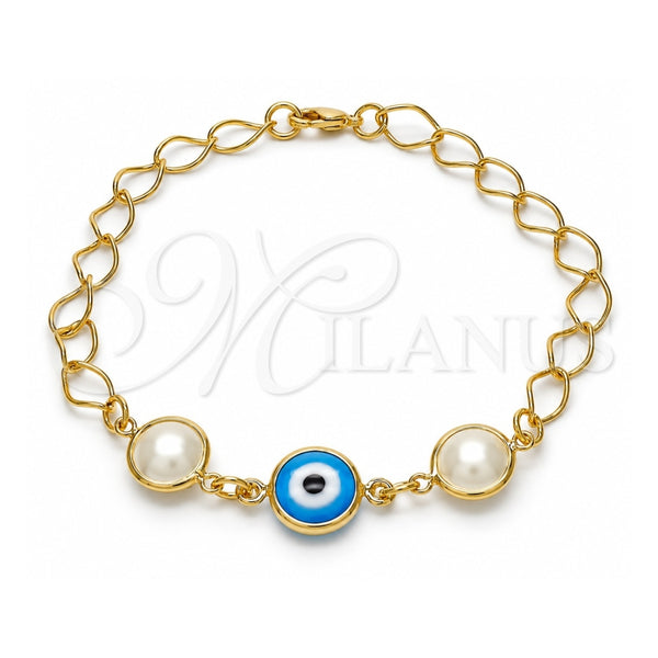 Oro Laminado Fancy Bracelet, Gold Filled Style Evil Eye Design, with White Pearl, Blue Polished, Golden Finish, 03.09.0068.1.07 (7 Inches Length)